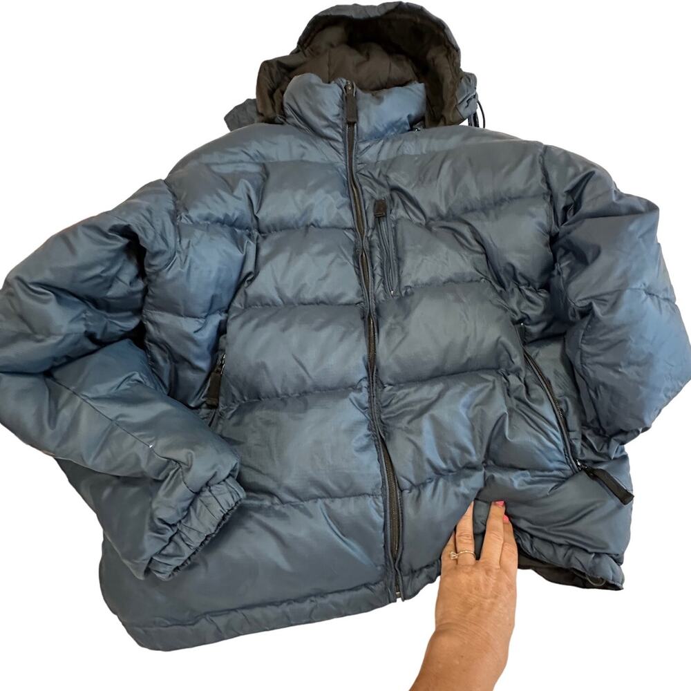 Gap womens down puffer jacket blue black sz Medium goose Hood full zip